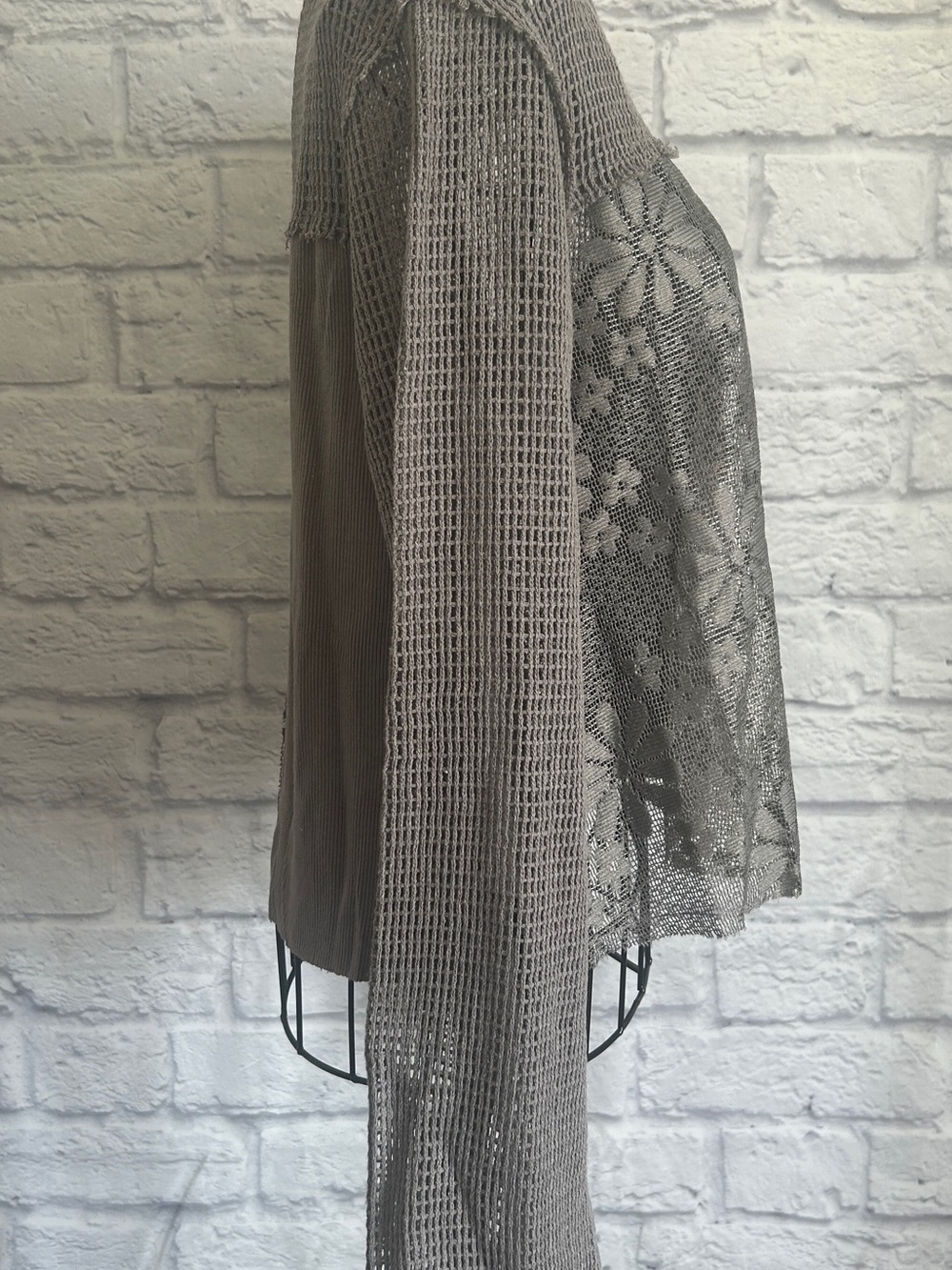 POL Crochet & Lace Patchwork Gray Long Sleeve Top - Picture 7 of 9